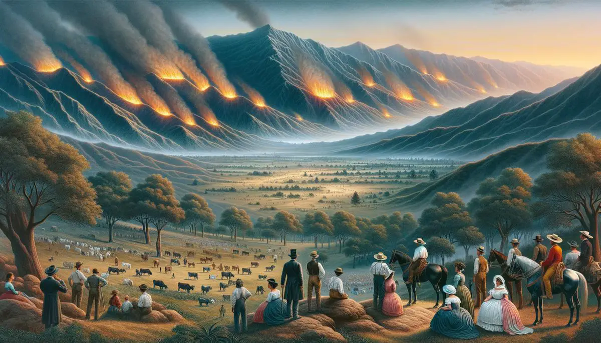 Illustration of a 19th century Los Angeles landscape with wildfires burning in the distant mountains