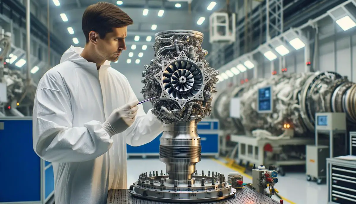 A 3D-printed rocket engine component being examined by an engineer