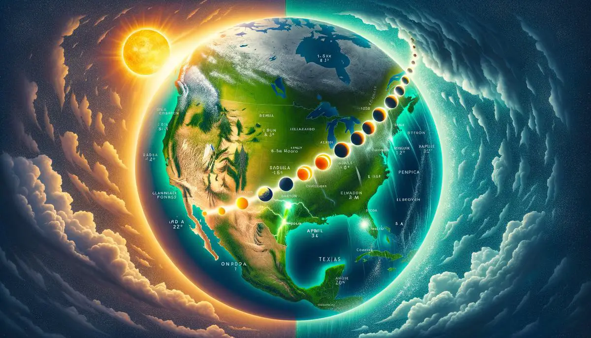 A realistic image depicting the weather conditions during a solar eclipse, with clear skies in Texas and cloudy skies in northern states