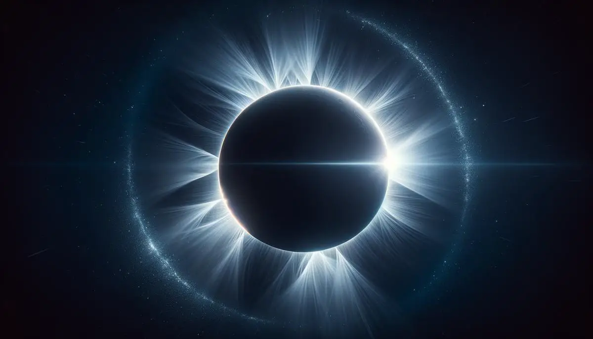 A realistic image depicting a total solar eclipse with clear skies and the moon covering the sun