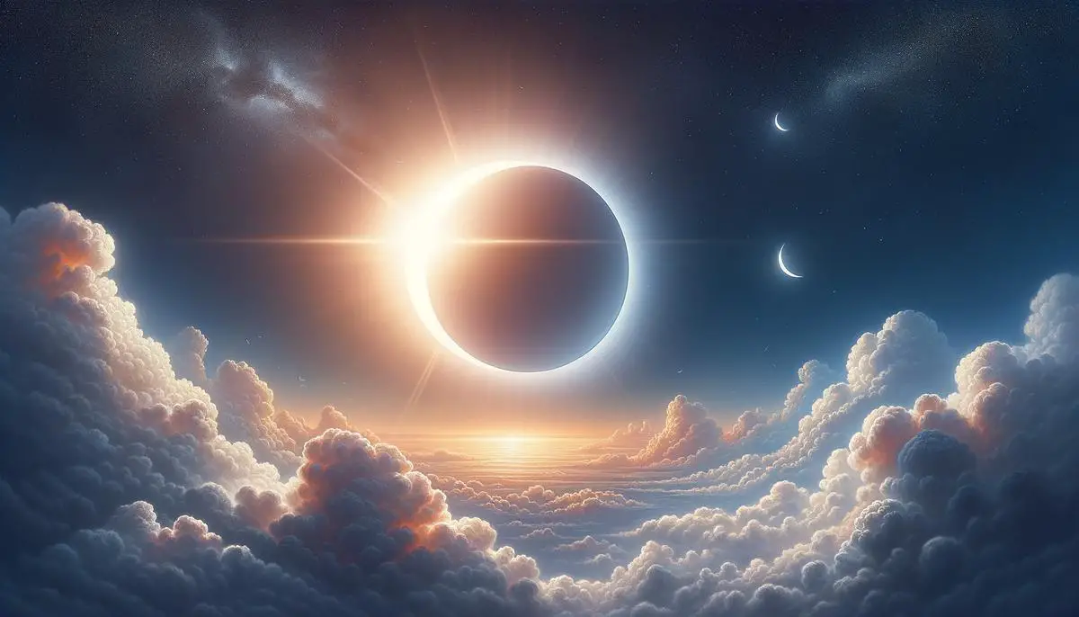 A realistic image depicting a clear sky with the sun partially covered by the moon during a solar eclipse