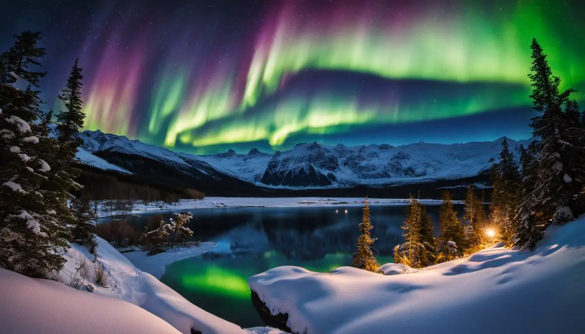 A picturesque view of the Aurora Borealis in a dark night sky above snowy mountains.