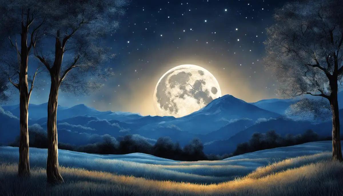 Illustration of a blue moon with a bright pearly hue, glowing in the night sky