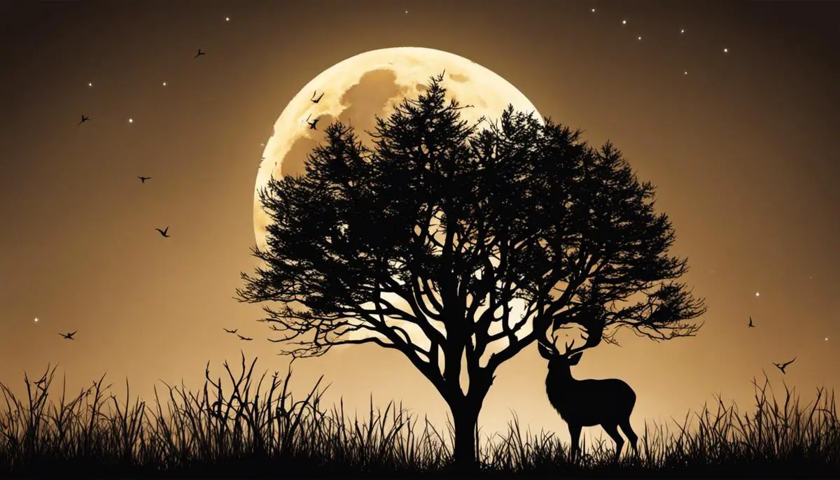 A detailed image of a full moon with a silhouette of a buck's silhouette in front of it, symbolizing the Buck Moon and its association with deer.