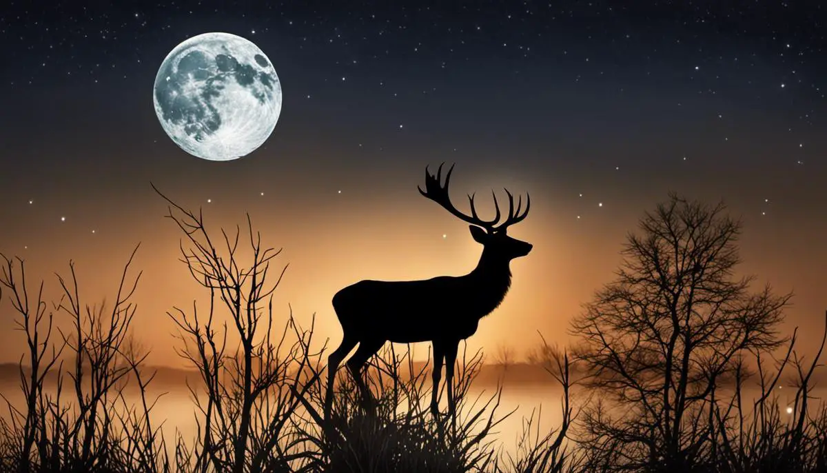 An image of the Buck Moon showing a full moon in a night sky with silhouettes of deer antlers surrounding it