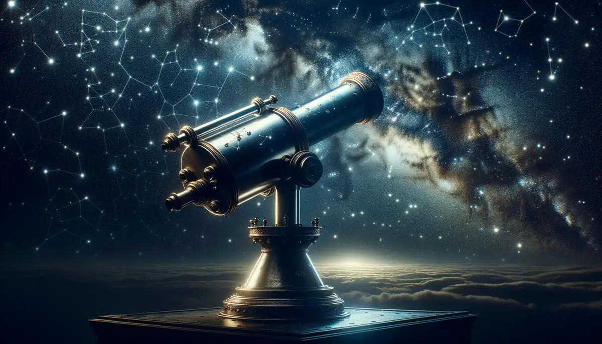 A telescope pointed towards the night sky with various constellations visible