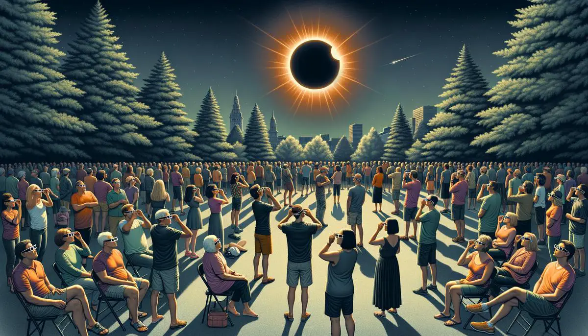 A realistic image of people gathered in a park in Cleveland, Ohio, watching the total solar eclipse in 2024