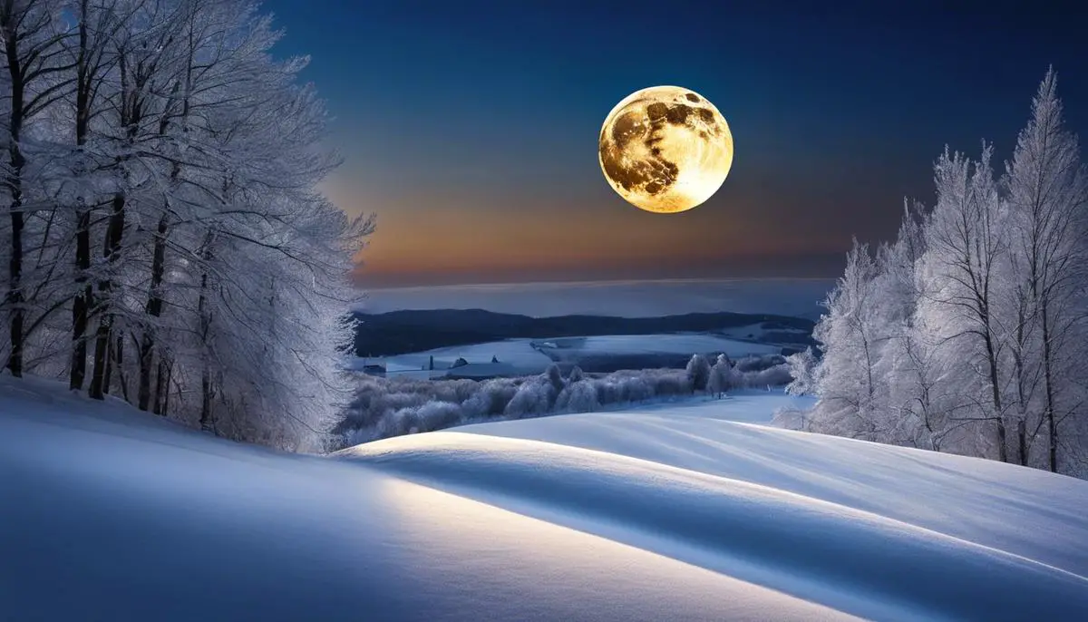 Image description: The Full Cold Moon in December shining over a snowy landscape.