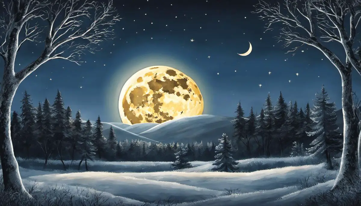 Illustration of the Full Moon Buck Moon, depicting a bright and full moon shining in the night sky