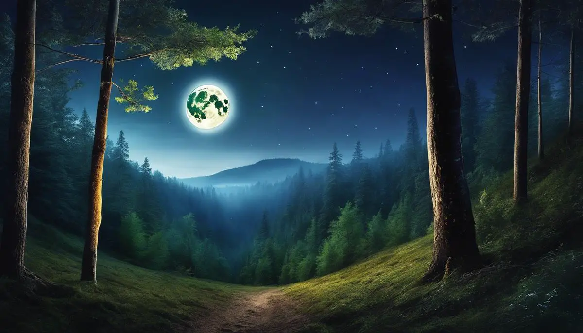 A serene image of a full moon illuminating a mystical forest at night.