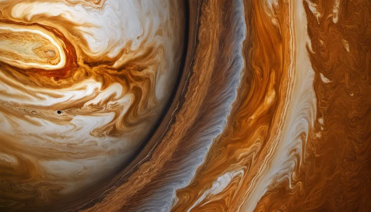 An image of the Great Red Spot, showing a massive cyclone on the surface of Jupiter.