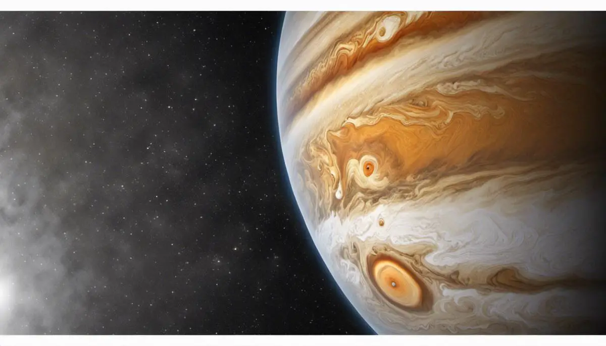 An image of the Great Red Spot on Jupiter, a massive storm that has been raging for centuries.