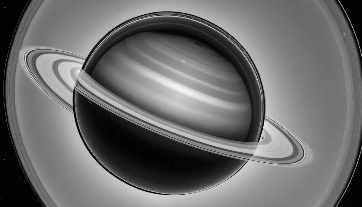 An image showing Saturn's rings with a measurement scale indicating the temperature range of -163 to -203 degrees Celsius.