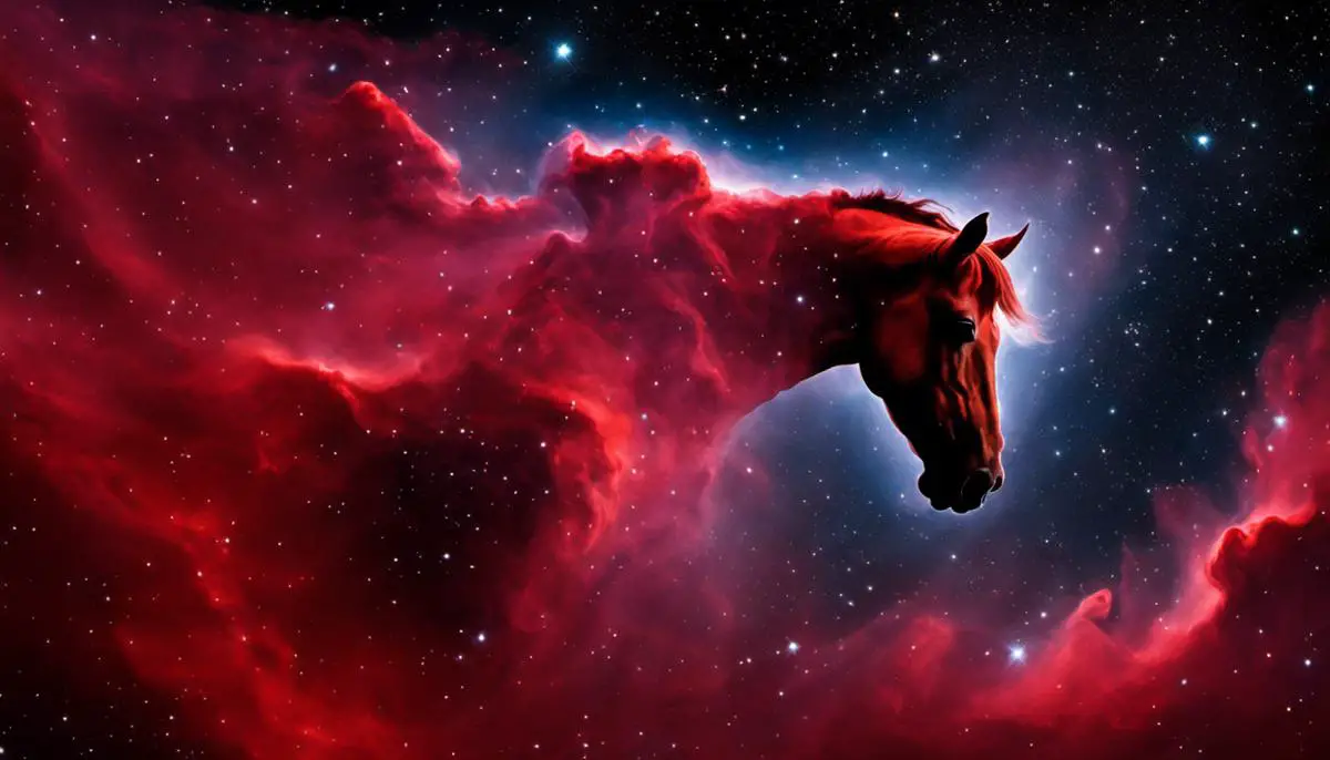 Image of the Horsehead Nebula, a dark cloud of gas and dust in front of a red emission nebula, forming the shape of a horse's head.