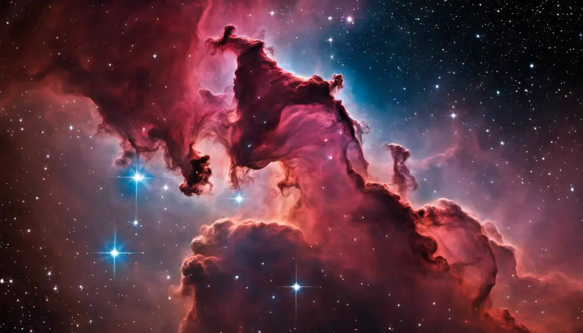 Image of Horsehead Nebula taken by Hubble Space Telescope with intricate nebula formations and colors.
