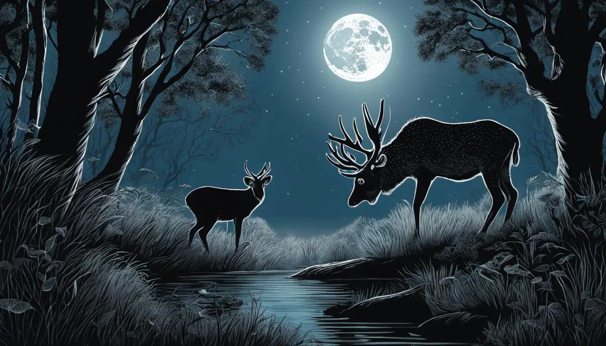 Illustration of animals in a moonlit forest