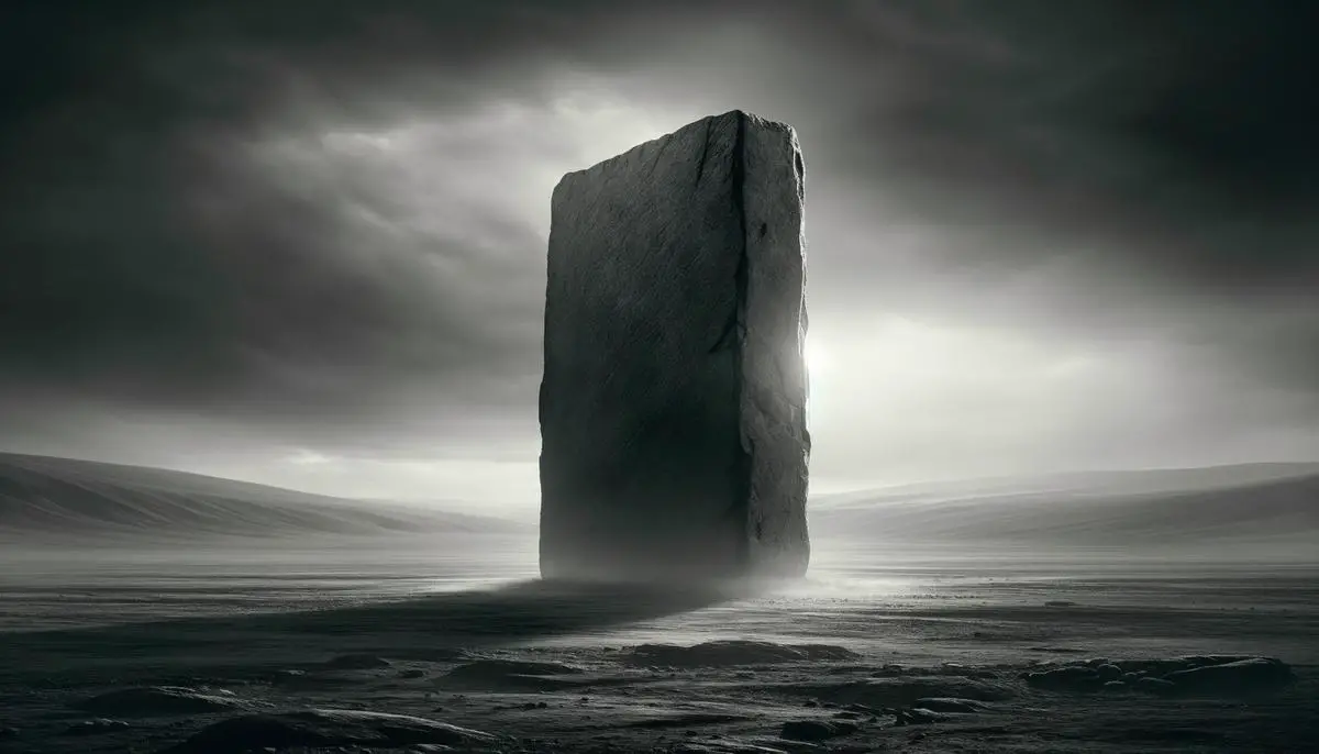 An image depicting a mysterious monolith standing in a vast, desolate landscape, symbolizing the enigmatic nature of interstellar messages in science fiction