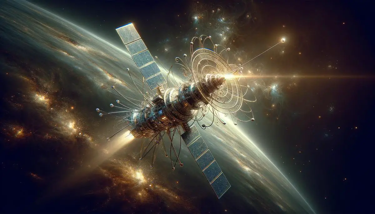 An image depicting a futuristic communication satellite sending signals into space, symbolizing interstellar messages in science fiction