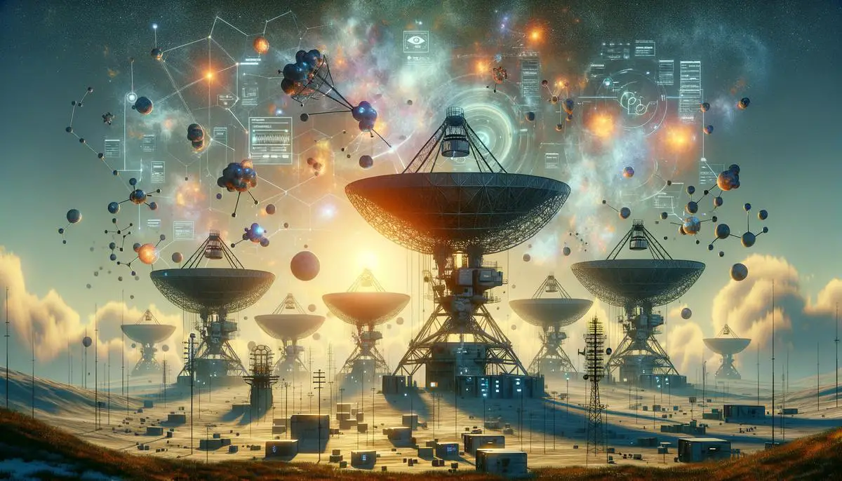 An image depicting advanced radio telescopes, quantum entanglement communication, artificial intelligence intermediaries, nanoswarm messages, and beacon stations in a realistic and detailed manner.