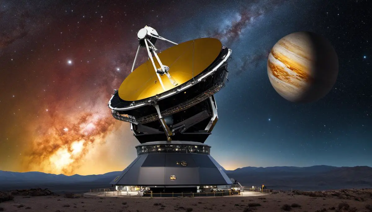 An image depicting the potential impact of the James Webb Space Telescope on astronomy, showing the telescope observing distant galaxies and exoplanets