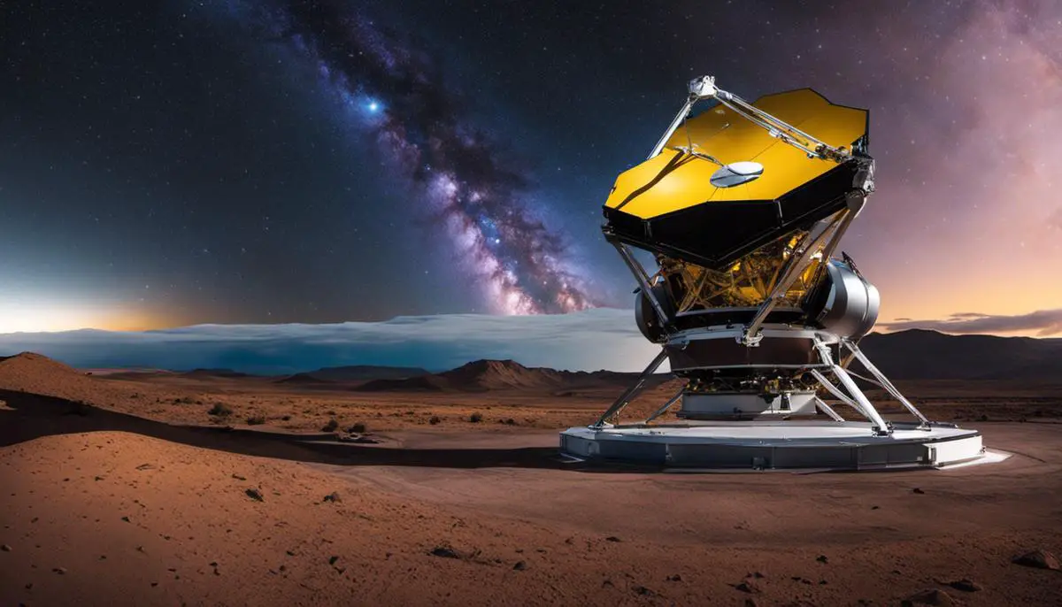 Image depicting the James Webb Space Telescope, the largest and most powerful telescope, which promises to delve into the universe’s past, investigate the formation of stars and galaxies, and explore the possibility of life on exoplanets.