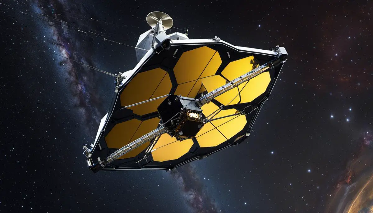 The James Webb Space Telescope floating in space, capturing the mysteries of the universe for the benefit of scientific exploration.