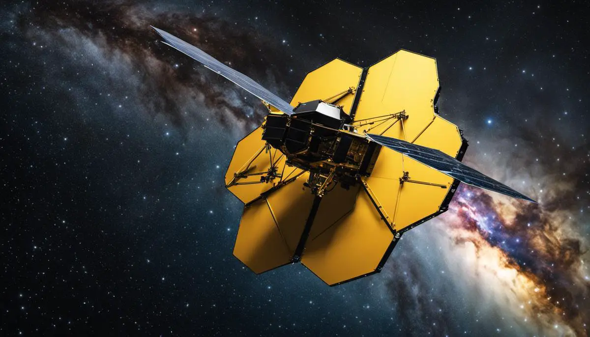 Image depicting the James Webb Space Telescope floating in space, with stars in the background