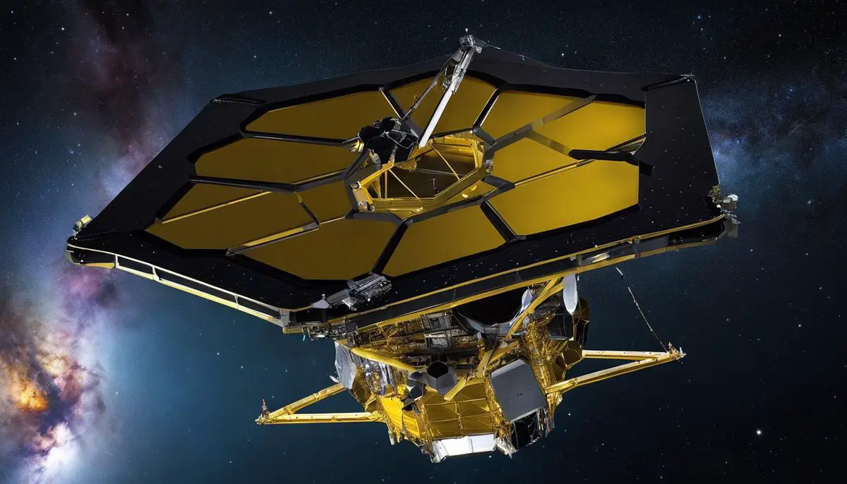 An image showcasing the James Webb Space Telescope, a monumental instrument set to inquire into the farthest reaches of the universe.