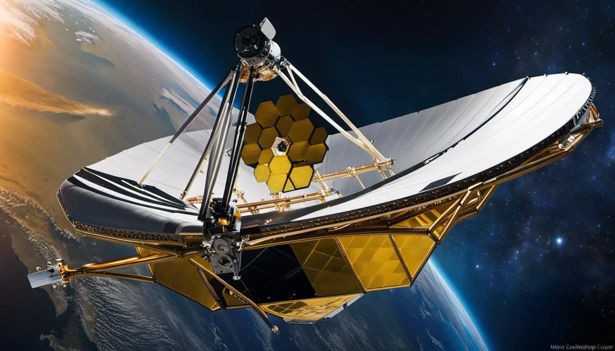 An image of the James Webb Space Telescope orbiting the Earth.