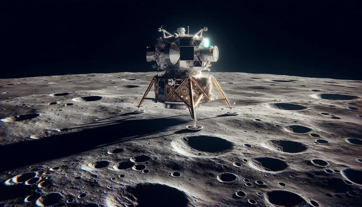 An image depicting a spacecraft landing on the rugged and cratered surface of the moon, showcasing the challenges faced by engineers and scientists during lunar missions