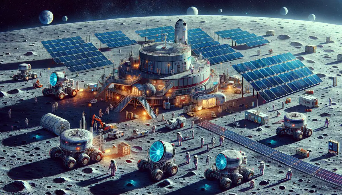 An image depicting a lunar base with solar panels, robotic vehicles, and astronauts working together on the moon's surface.