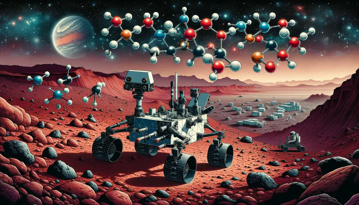 A representation of organic molecules being discovered on Mars by NASA's Curiosity Rover.