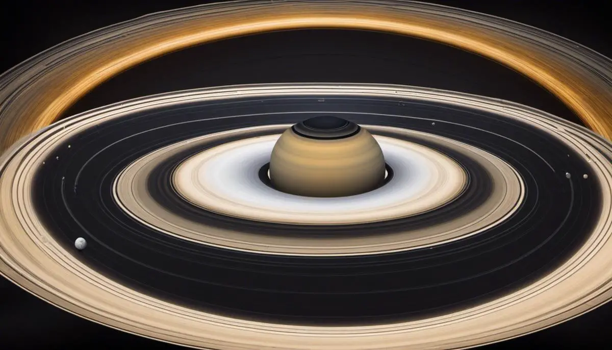 Image depicting the physical properties of Saturn's rings, showing the thin composition of the rings and the variation in sizes of particles.