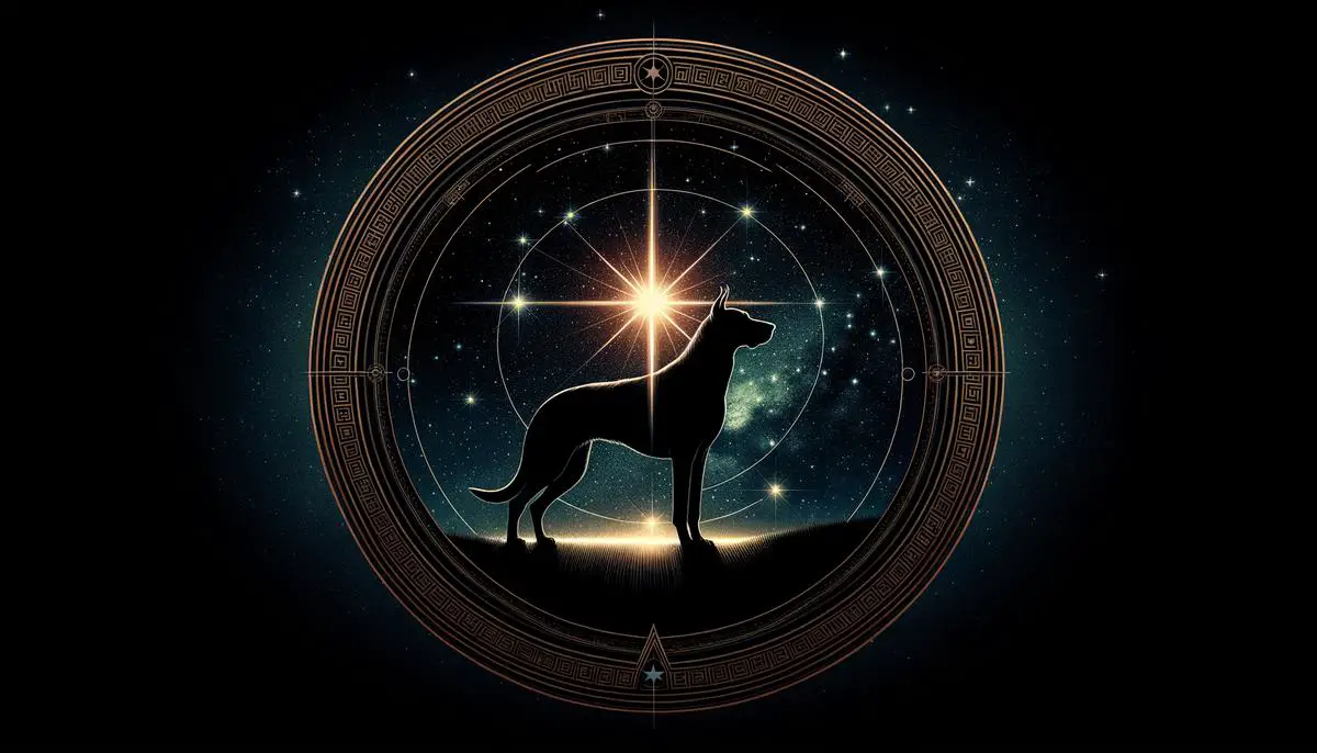 An image of the Sirius star with a dog silhouette in the background, symbolizing its connection with the Dog Star in ancient Greece