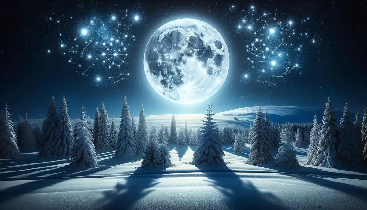 A serene image of the Snow Moon illuminating a winter night sky