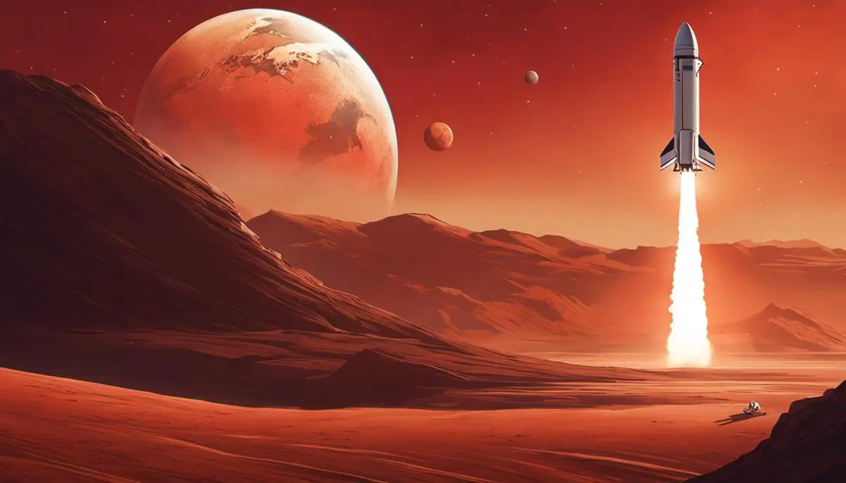 Illustration of SpaceX's Journey to Mars, depicting a rocket launching towards Mars with a bright red planet in the background.