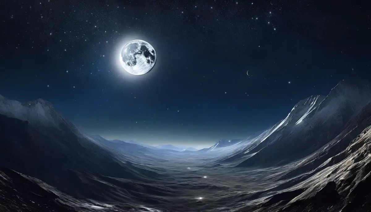 An image depicting the moon in space, surrounded by stars