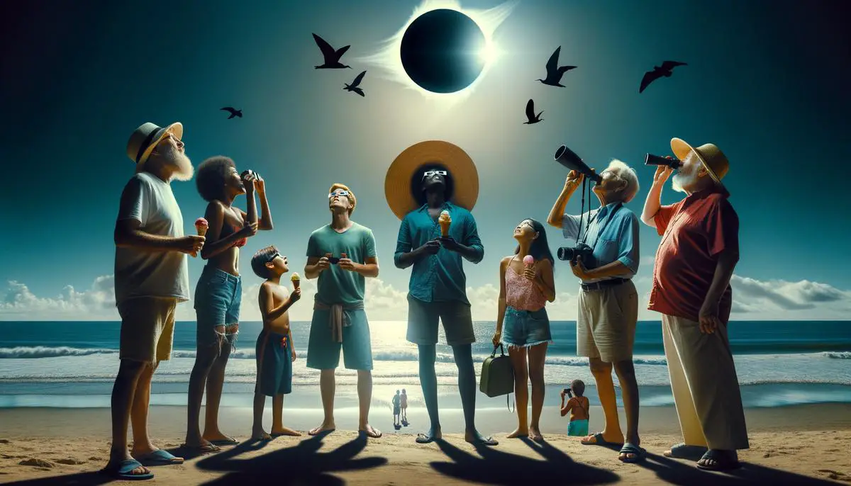 A realistic image of people gathered on a beach in Mazatlán, Mexico, looking up at the sky during a total solar eclipse