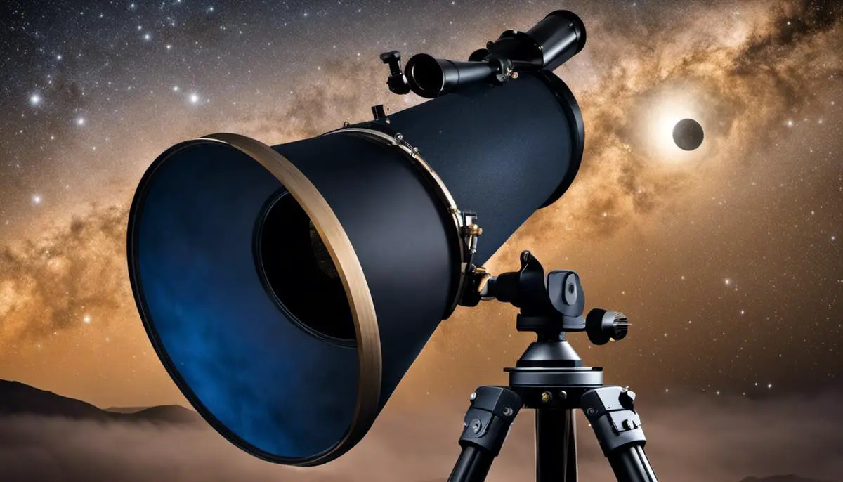 An image showing a starry night sky with a telescope observing the moon and stars.