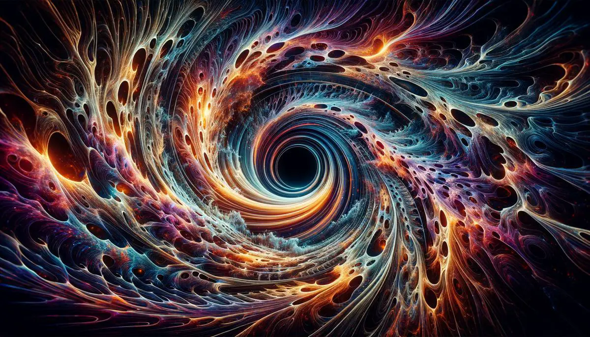 An abstract artistic representation of a black hole singularity, showing extreme warping of spacetime