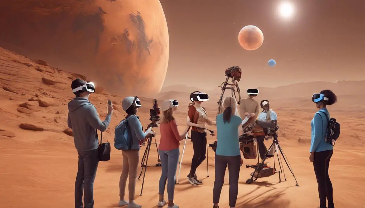 People of diverse ages and backgrounds enjoying accessible VR Mars tours