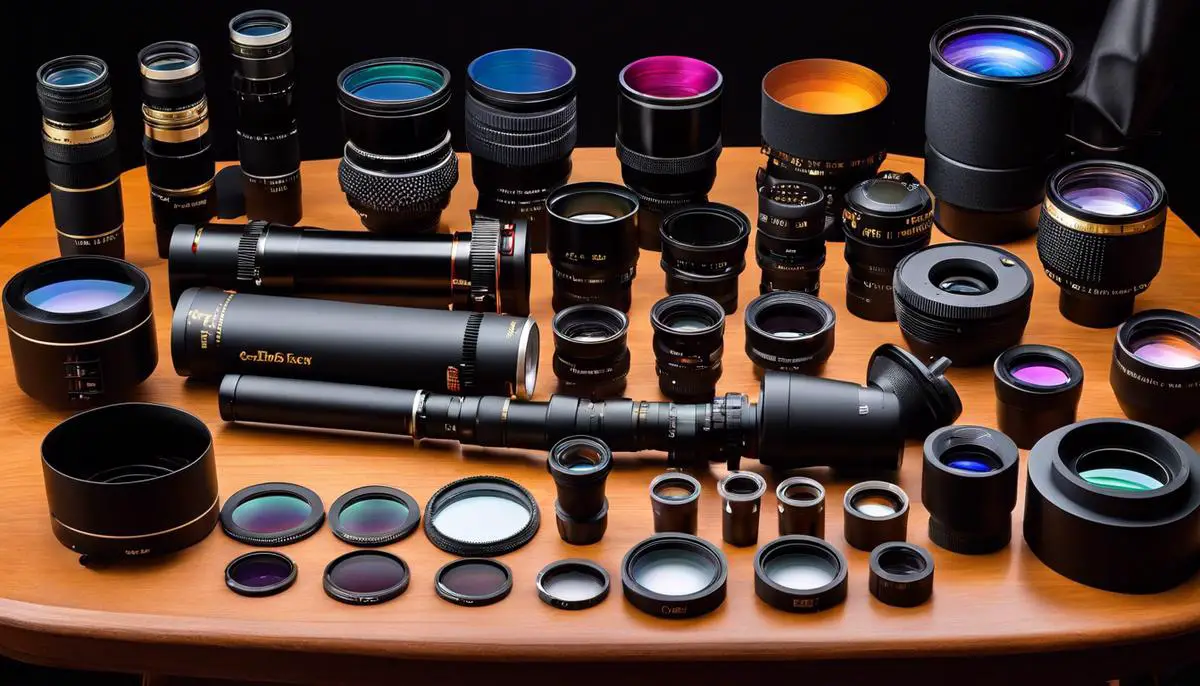 A variety of telescope accessories, including eyepieces, filters, and a Barlow lens, laid out on a table.