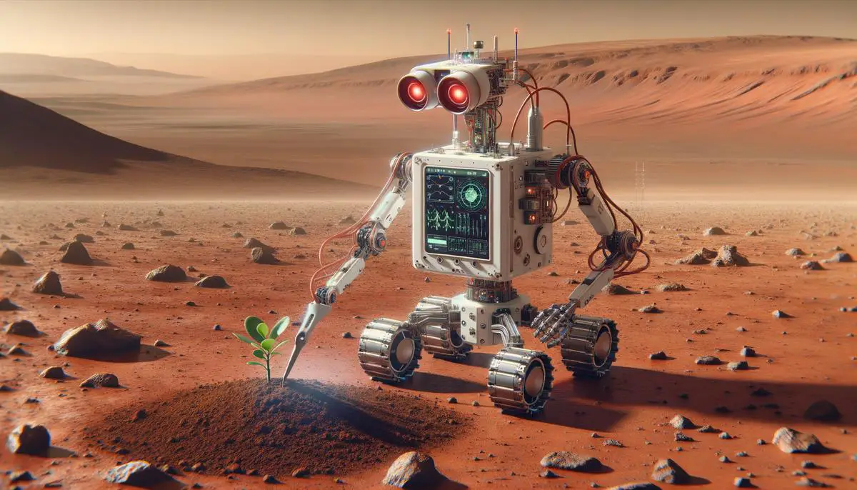 An AI-enhanced robot performing terraforming tasks on the Martian surface