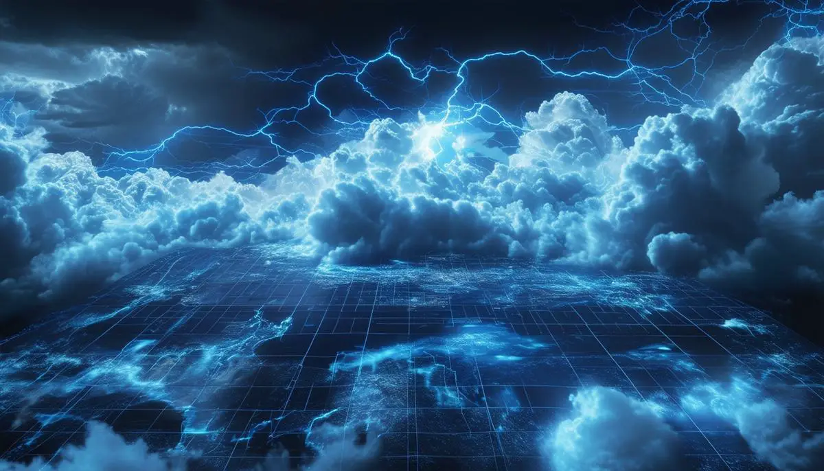 AI system analyzing cloud patterns to predict thunderstorm formation, with simulated storm cells visible