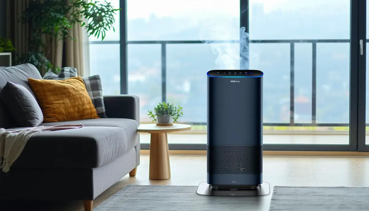 An air purifier with a HEPA filter operating in a living room with visible smoke haze outside the window