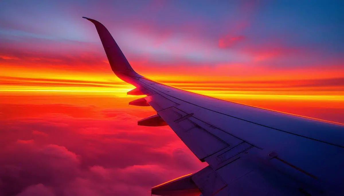 An airplane wing silhouetted against a vibrant sunset sky