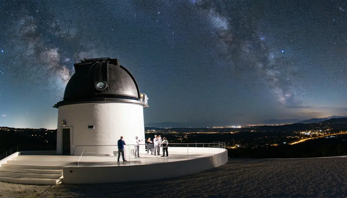 Large telescope at Albanyà Observatory with astronomers working during a clear night