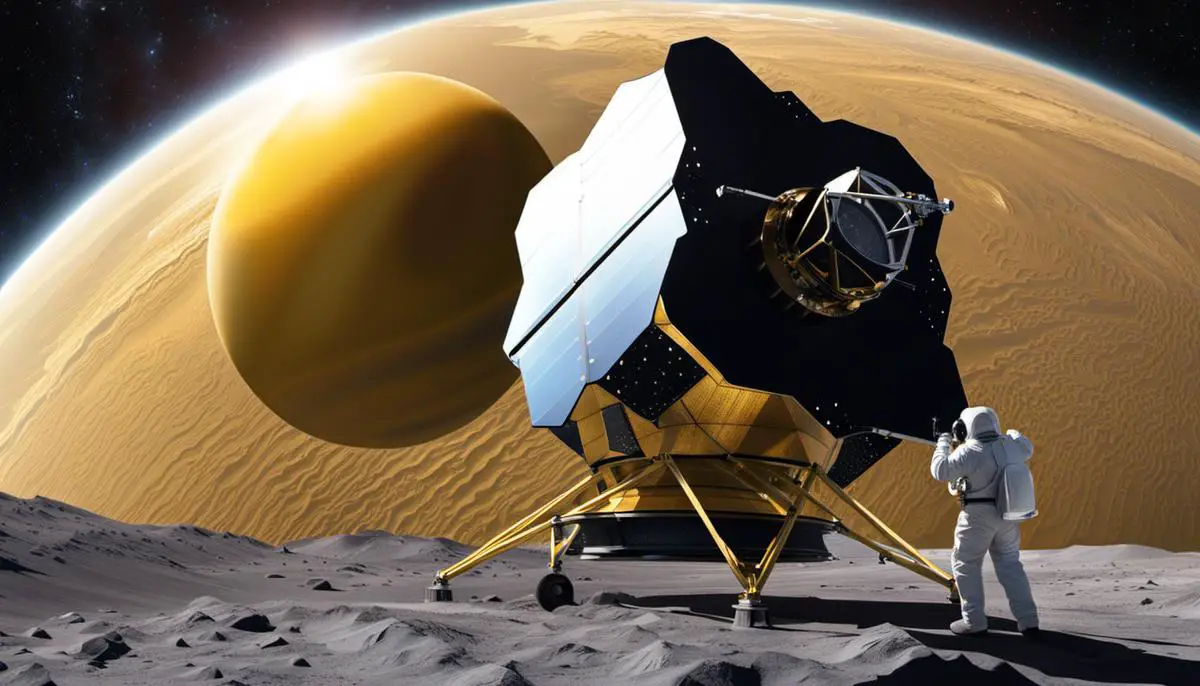 Illustration of the James Webb Space Telescope searching for alien life