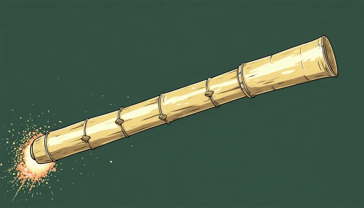 An illustration of an ancient Chinese rocket made from bamboo and gunpowder