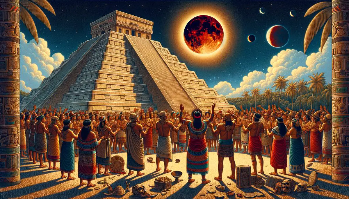 Ancient civilization performing a ritual during a lunar eclipse